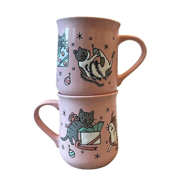 NEW Clementine CATS Pink Christmas Mug Set of 2 Ceramic 16oz Holiday - Picture 2 of 15